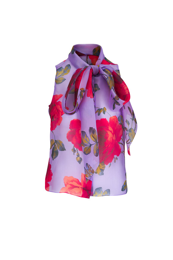 Carolina Herrera Violet & Red Rose Print Organza Silk Blouse
