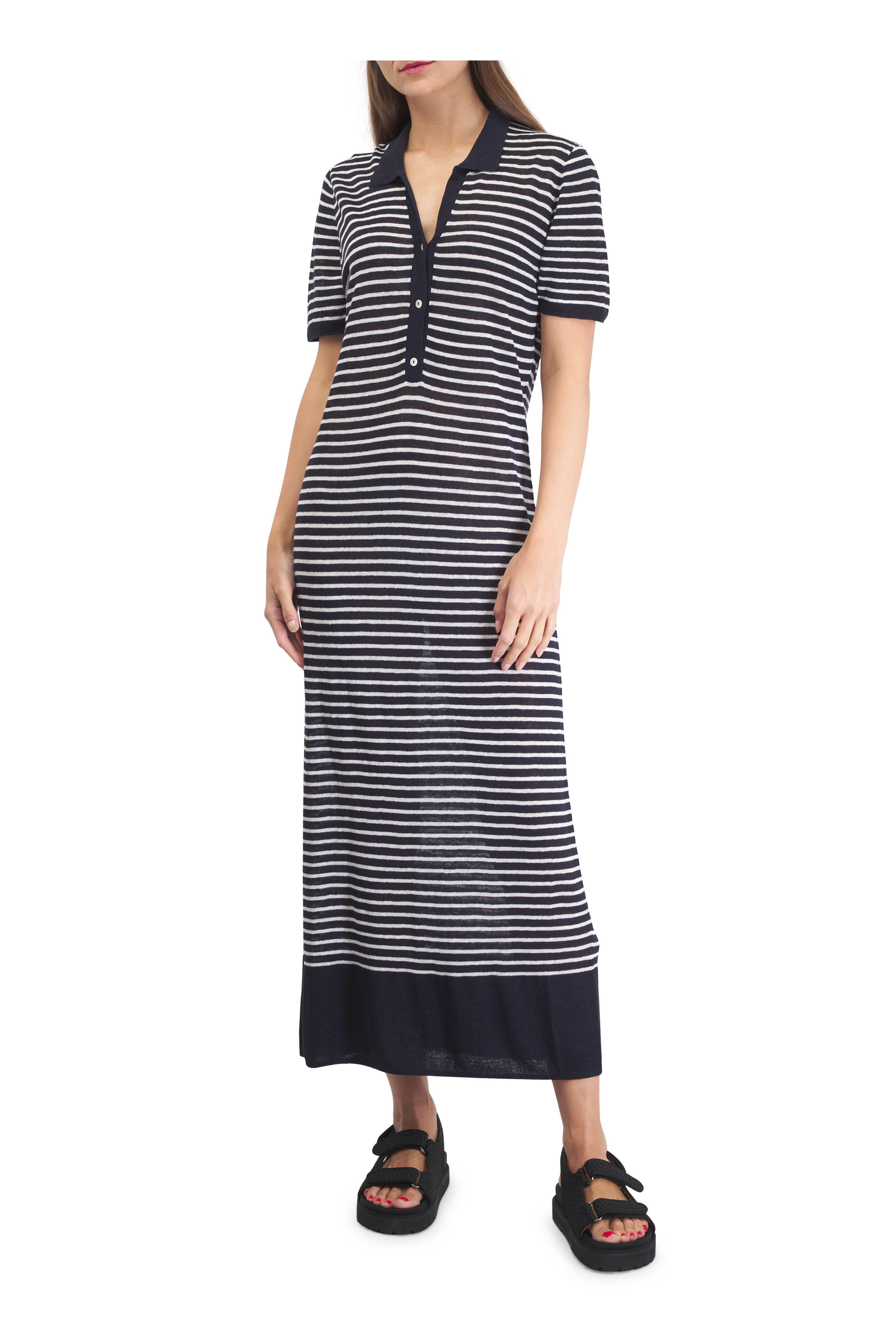 Majestic - Marine Blue & White Stripe Linen Polo Dress