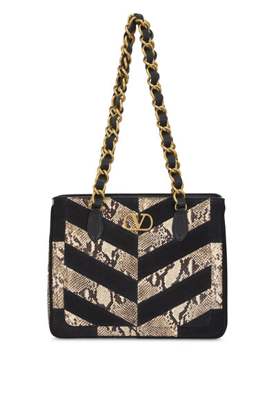Valentino Garavani - Tess Black & Ivory Jacquard Stripe Chain Tote