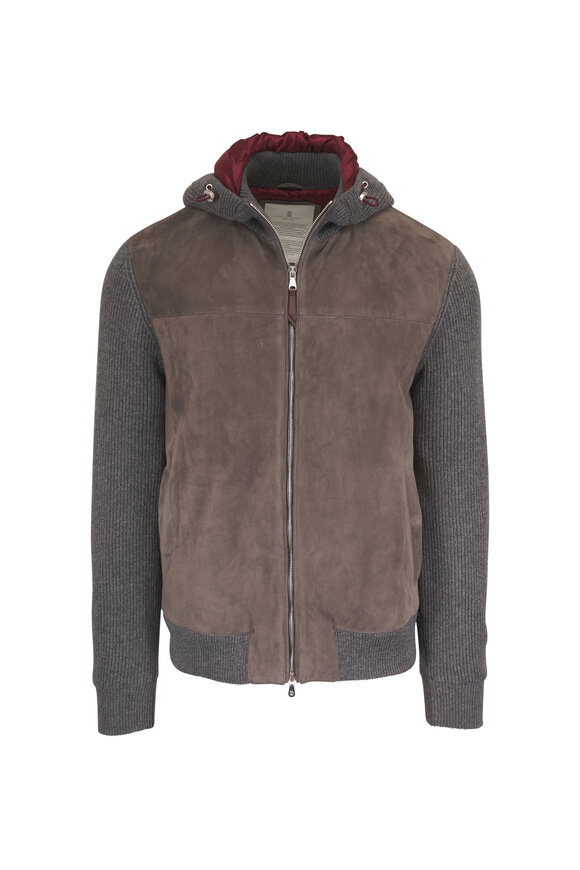 Brunello Cucinelli Charcoal Gray Suede & Cashmere Knit Padded Bomber - view 1