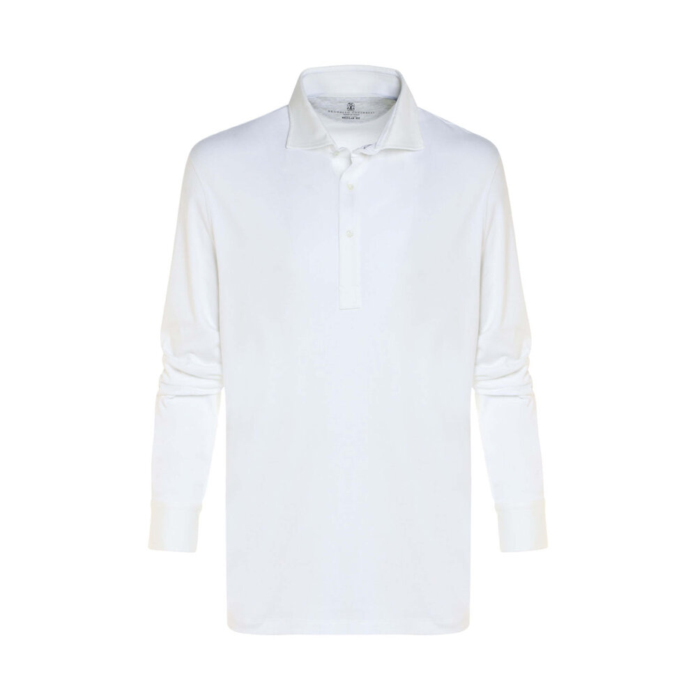 ブルネロクチネリ 長袖コットンシャツ 白 ホワイト SLIM FIT Brunello Cucinelli - White Cotton Blend Jersey Long Sleeve Polo