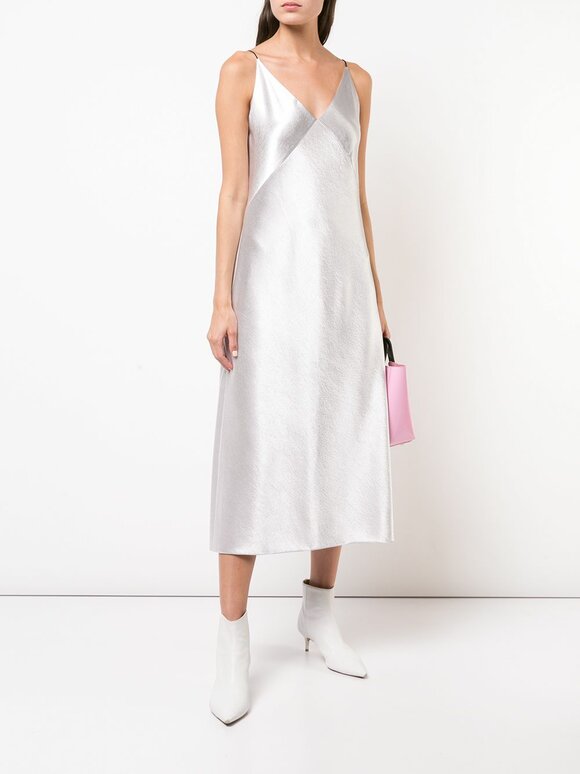 Vince - Metallic Silver Satin V-Neck Midi Slip Dress