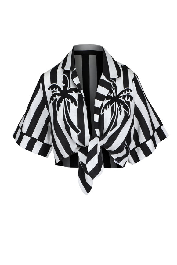 Farm Rio Black & White Spring Striped Linen Tie Blouse