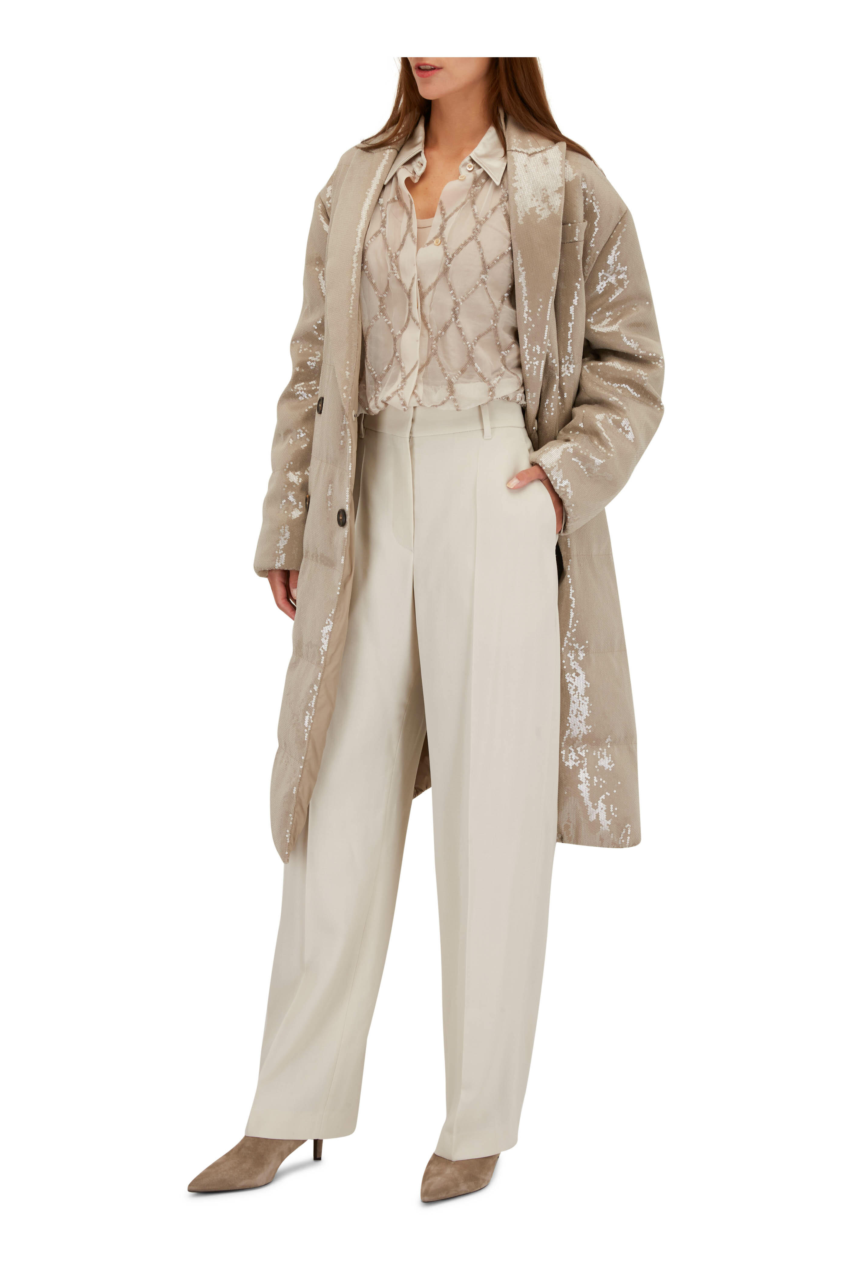 Brunello Cucinelli - Beige Paillette Double Breasted Long Down Puffer
