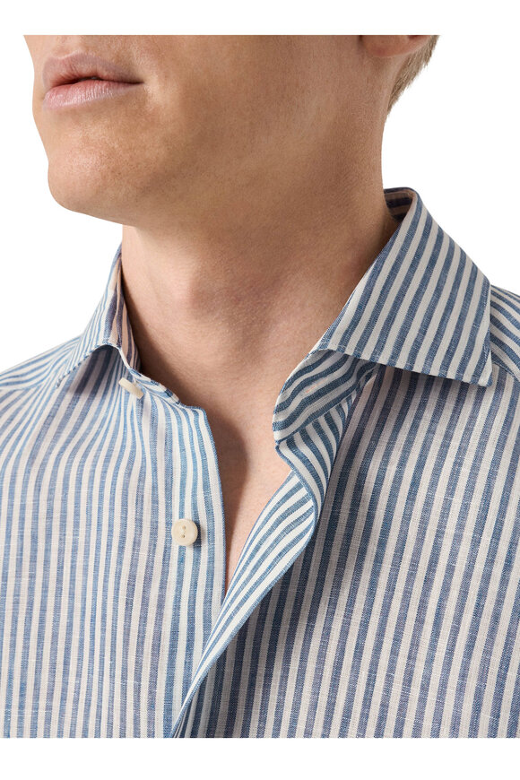Eton Blue & White Stripe Linen Dress Shirt - view 4