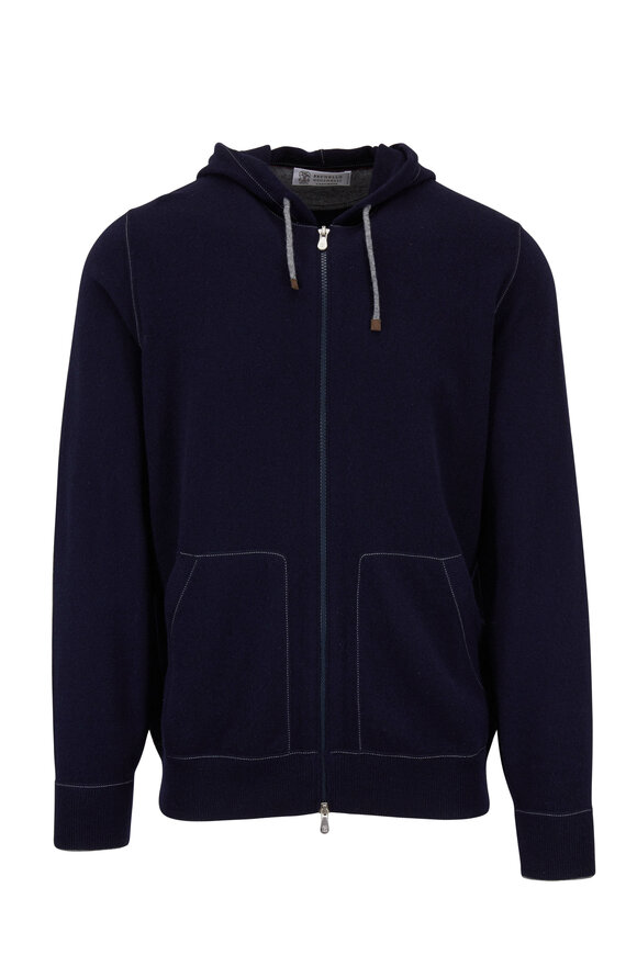 Brunello Cucinelli - Navy 2-Ply Cashmere Front Zip Hoodie