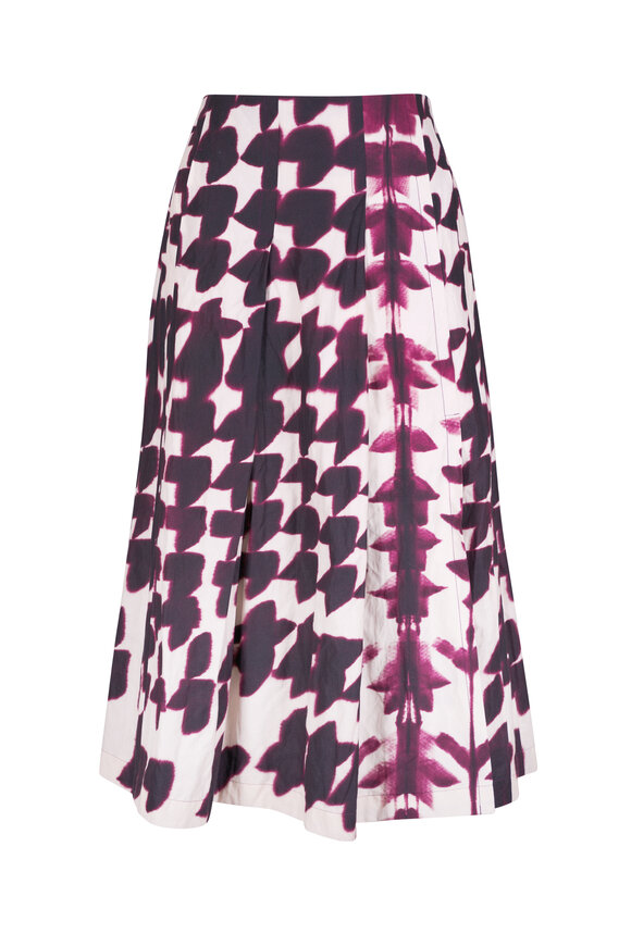 Odeeh Burgundy Watercolor Houndstooth Pleated Midi Skirt