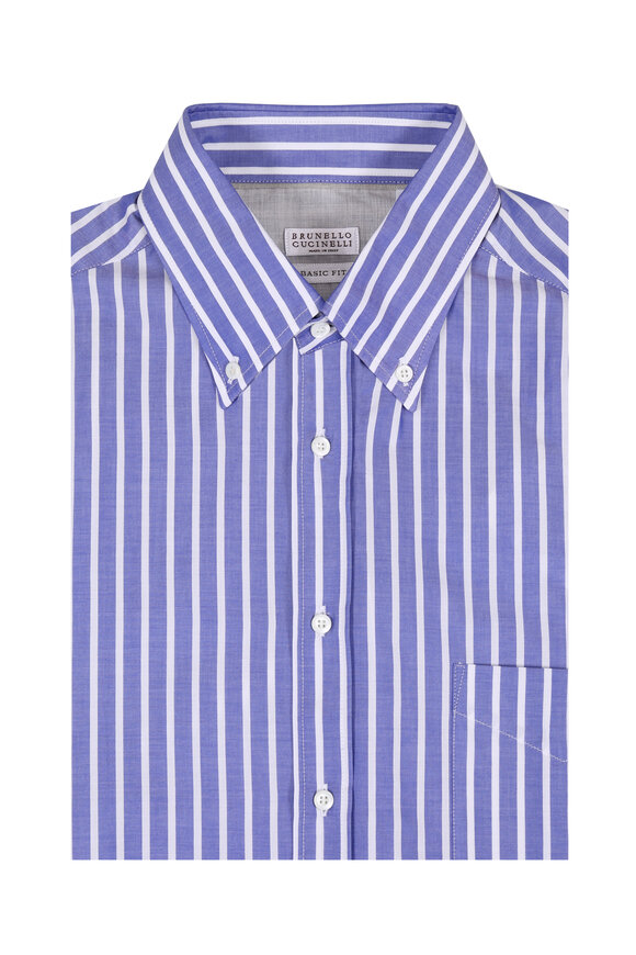 Brunello Cucinelli - Blue & White Wide Striped Sport Shirt 