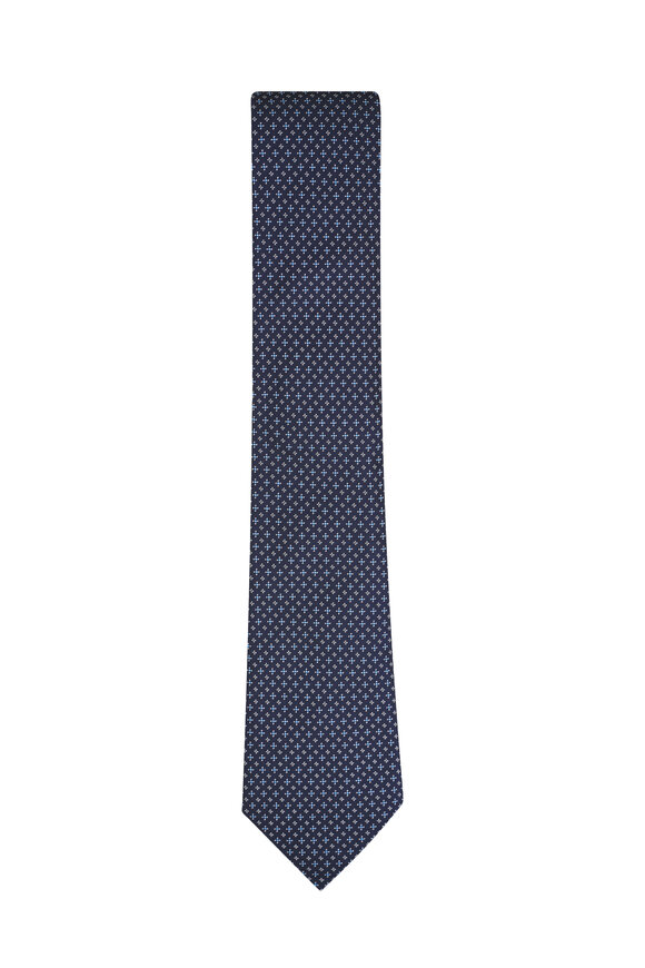 Zegna Navy, White, and Blue Geometric Print Silk Necktie