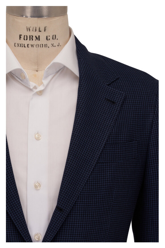 Brunello Cucinelli Navy Houndstooth Wool, Linen & Silk Sportcoat