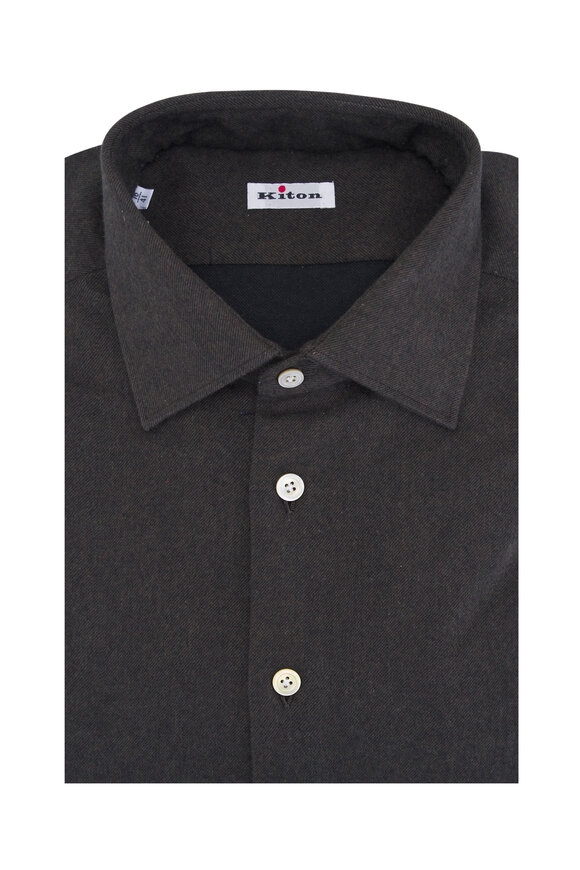 Kiton - Charcoal Brown Flannel Dress Shirt 