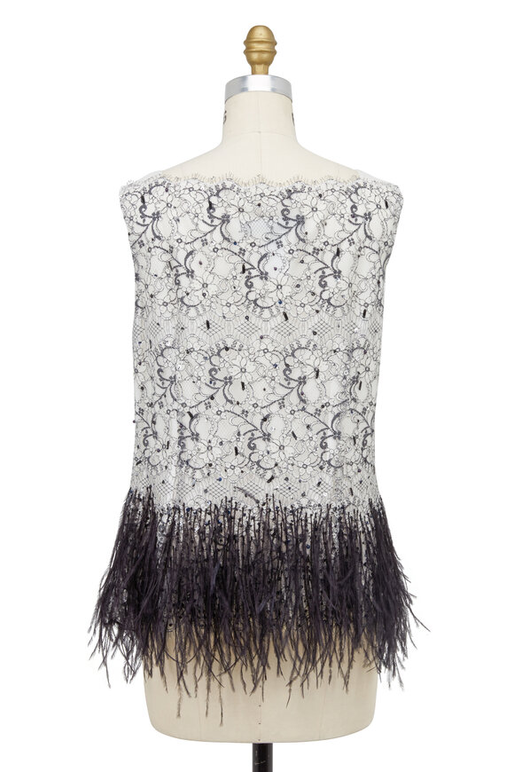 Carolina Herrera - Black & White Lace Sequin & Ostrich Feather Top