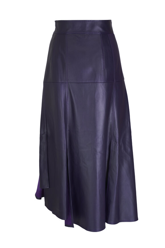 Akris - Dark Purple Leather Pleat Midi Skirt