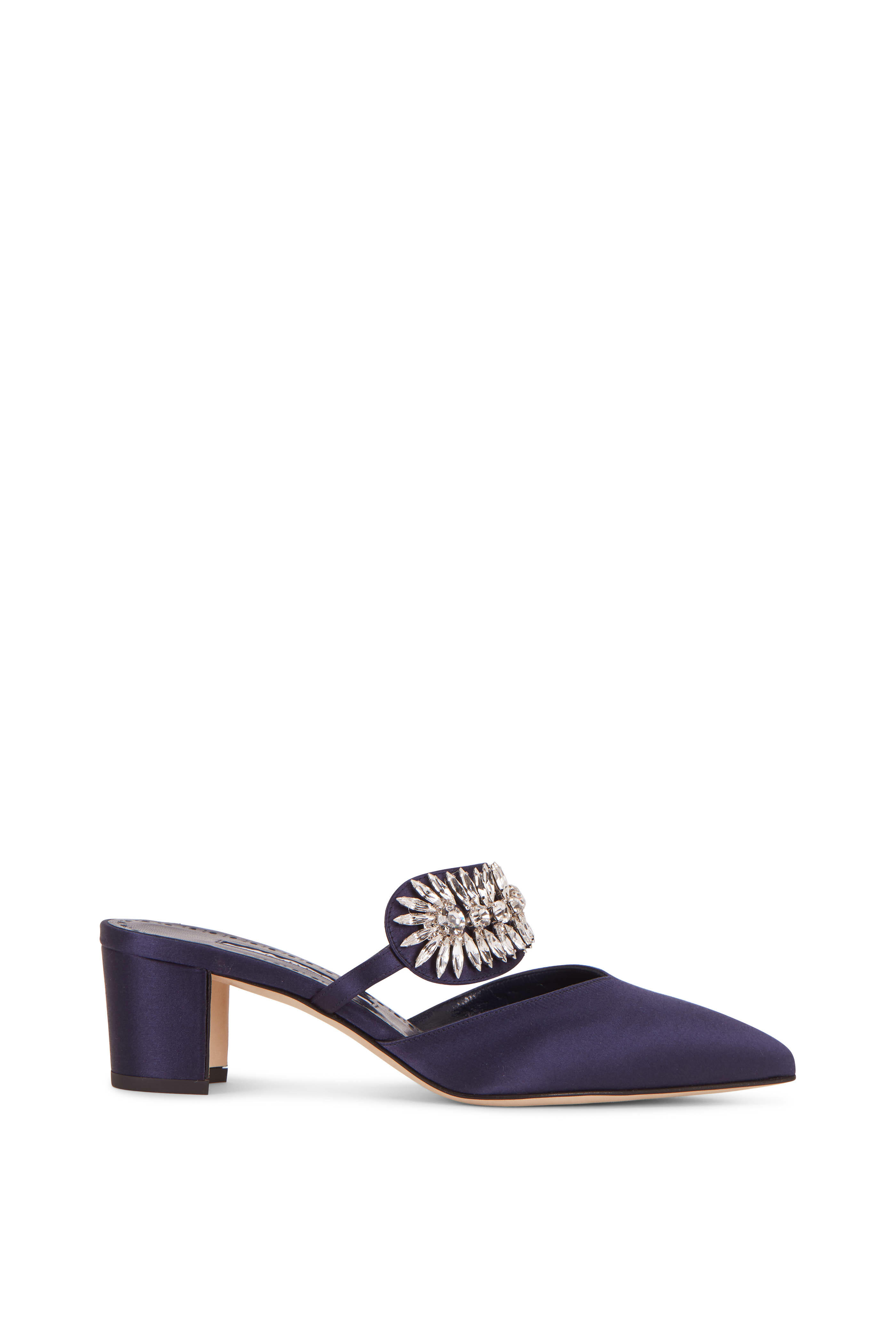 Manolo Blahnik - Newton Navy Blue Satin Crystal Mule, 50mm