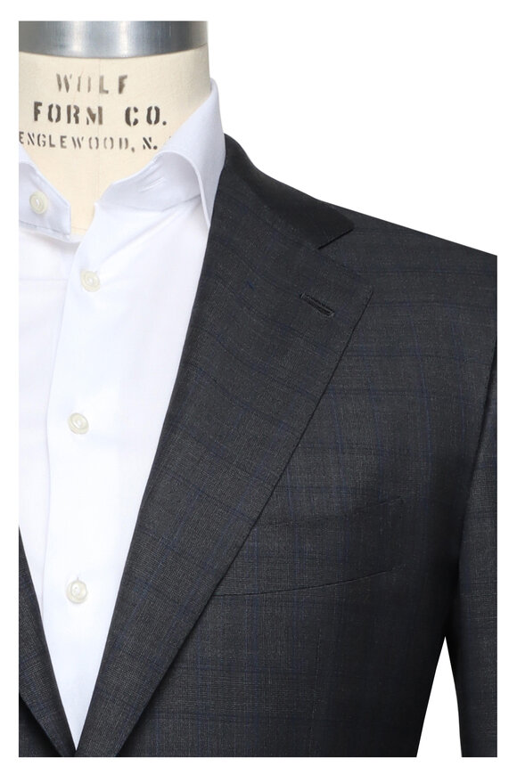 Cesare Attolini Dark Grey & Navy Plaid Wool Suit