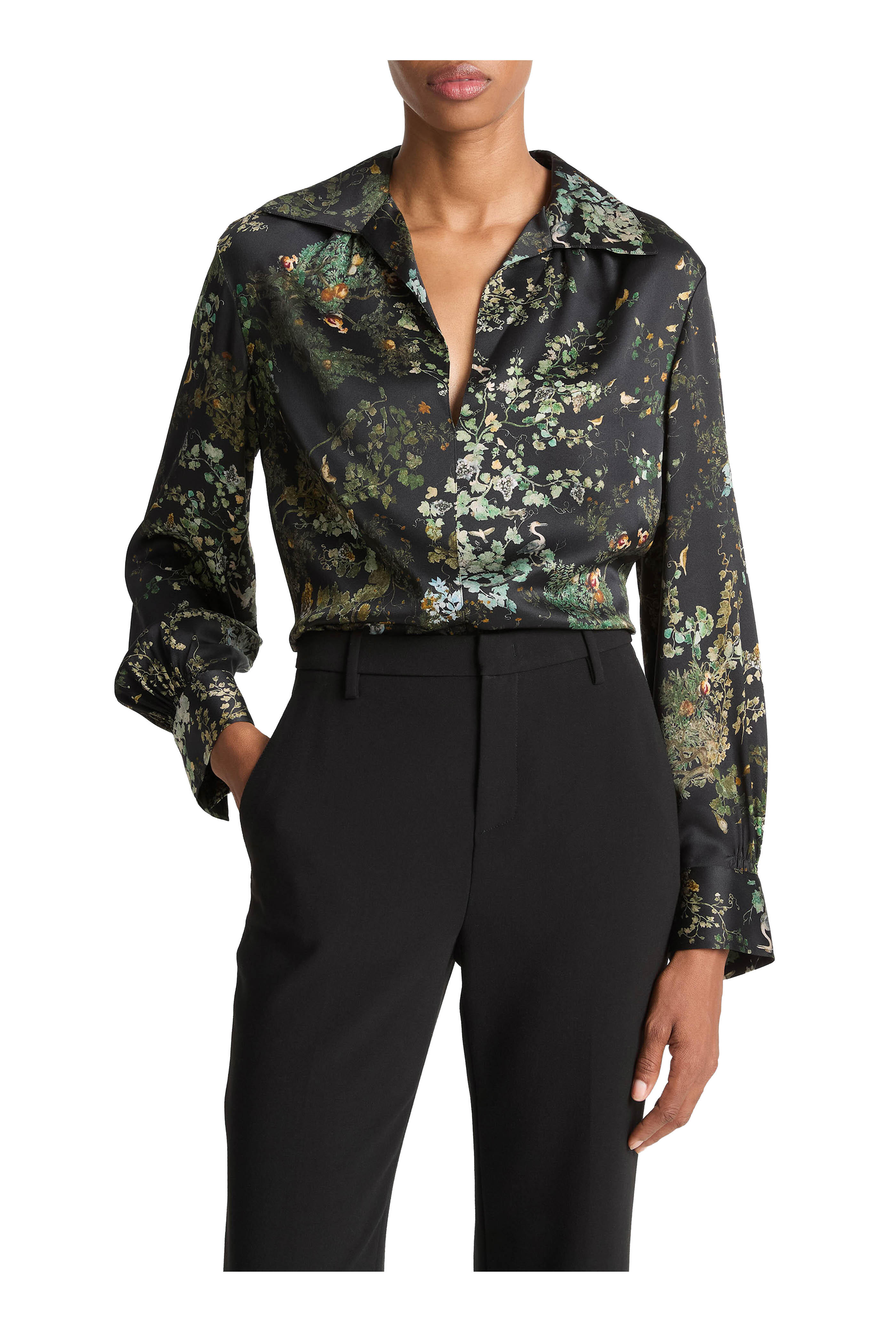 Vince - Black Sky Grape Vine Print Smocked Silk Blouse