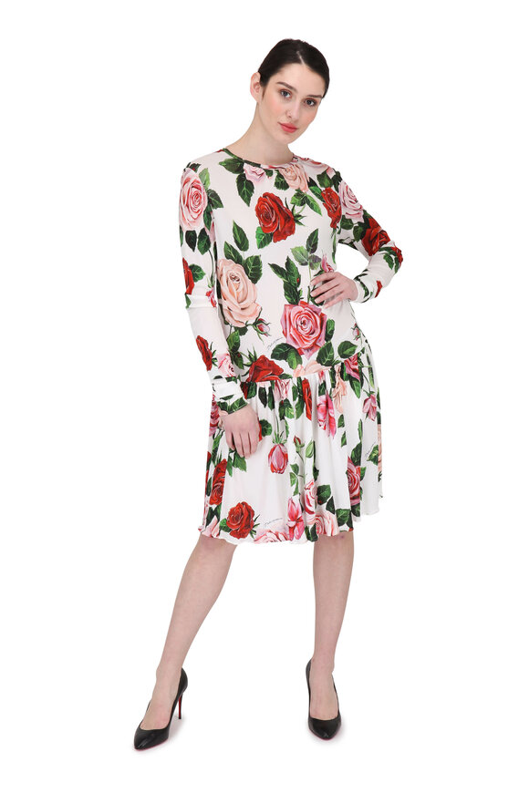 Dolce & Gabbana - White Rose Printed Swing Dress