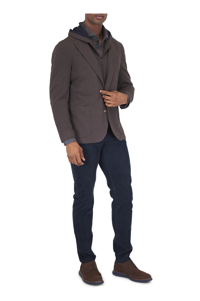 Designer outfit featuring Nerano Navy Blue Corduroy Five Pocket Pant, Brown Jersey Dickey Jacket and 1 other piece