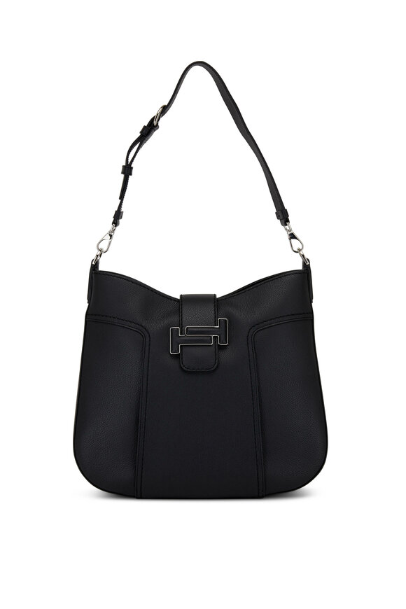 Tod's - Double T Black Grained Leather Medium Hobo Bag