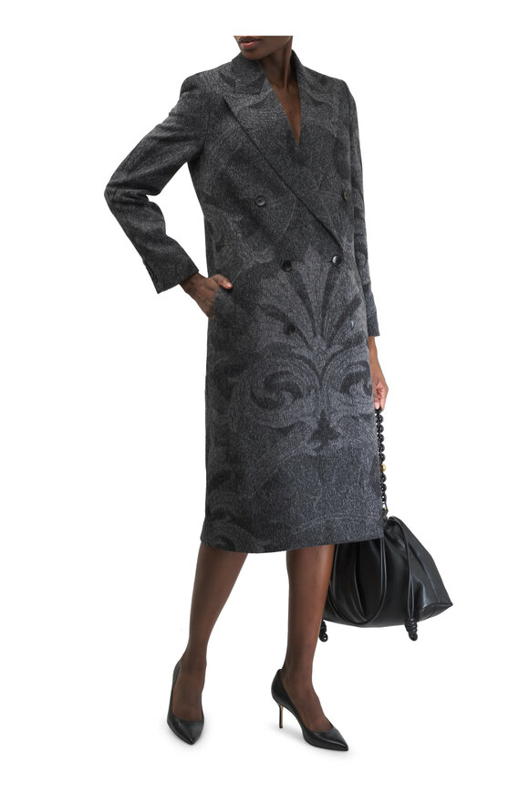 Etro - Gray Paisley Double Breasted Wool Long Coat