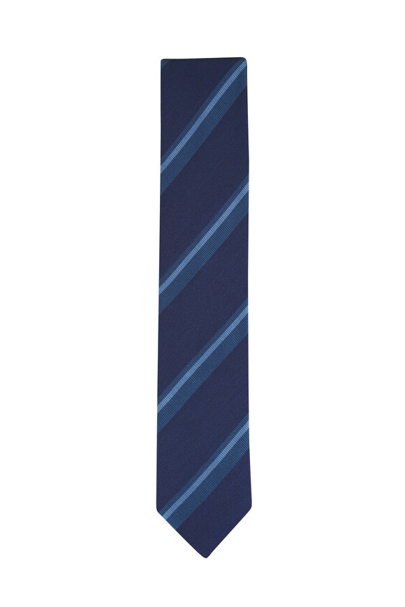 Eton Dark Blue Stripe Woven Shantung Silk Necktie - view 1