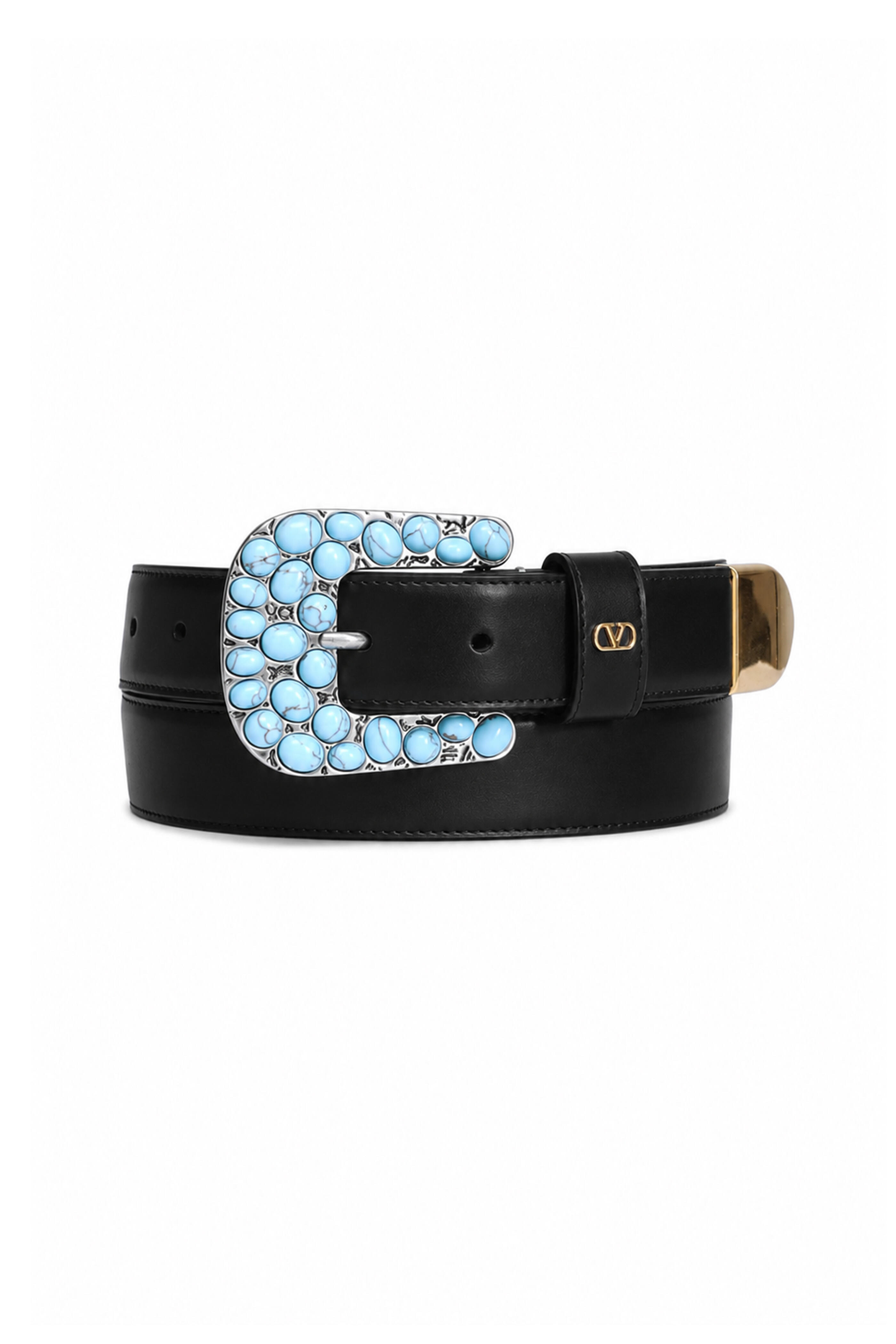 Valentino Garavani - Black & Turquoise Western VLogo Leather Belt - view 1
