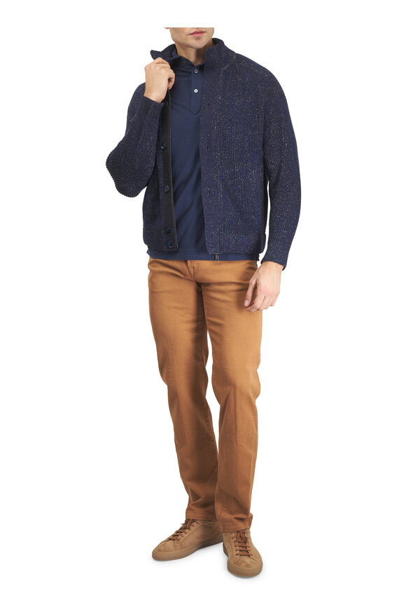 Fedeli Navy Jersey Mélange Cotton Polo - view 2