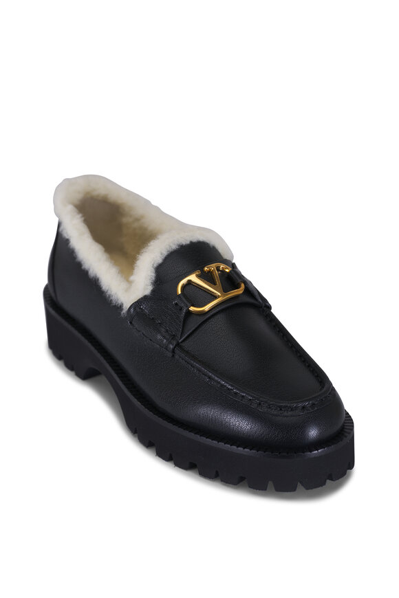 Valentino Garavani VLOGO Black Genuine Shearling Lined Leather Loafer