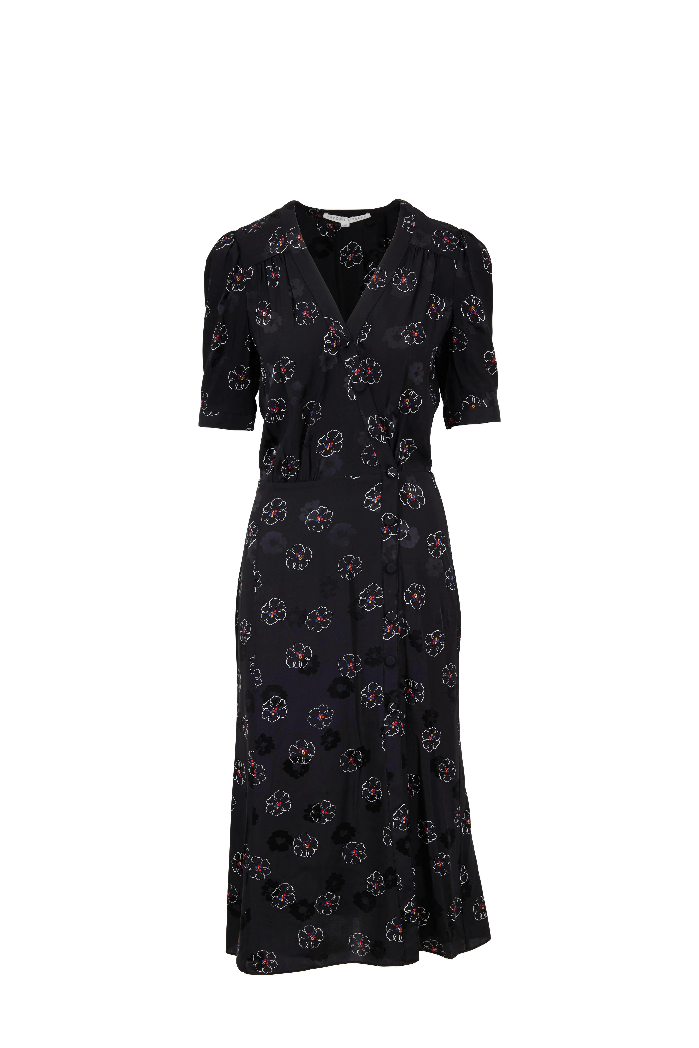 Veronica Beard - Mika Black Floral Print Elbow Sleeve Midi Dress