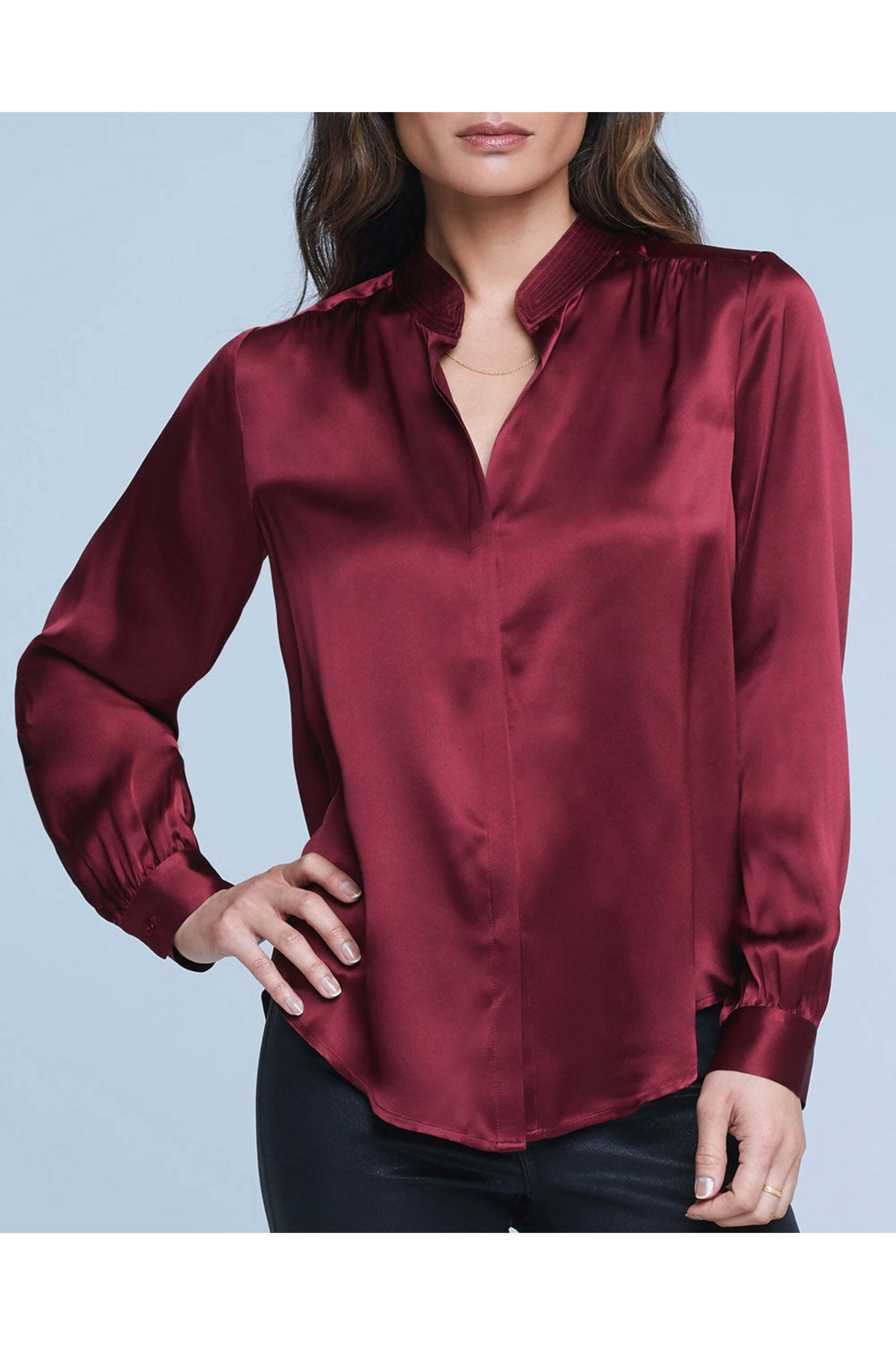 L'Agence - Black Cherry Band Collar Bianca Blouse