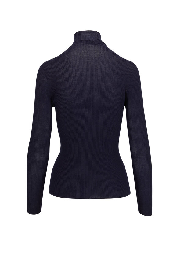 Akris - Navy Fine Ribbed Mockneck Knit Top 