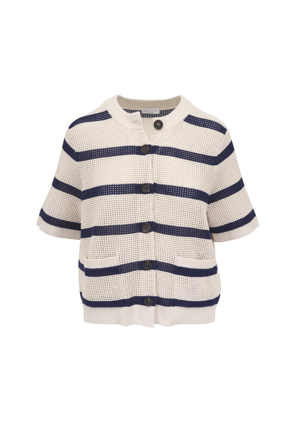 Brunello Cucinelli Blue & White Stripe Cotton Net Cardigan