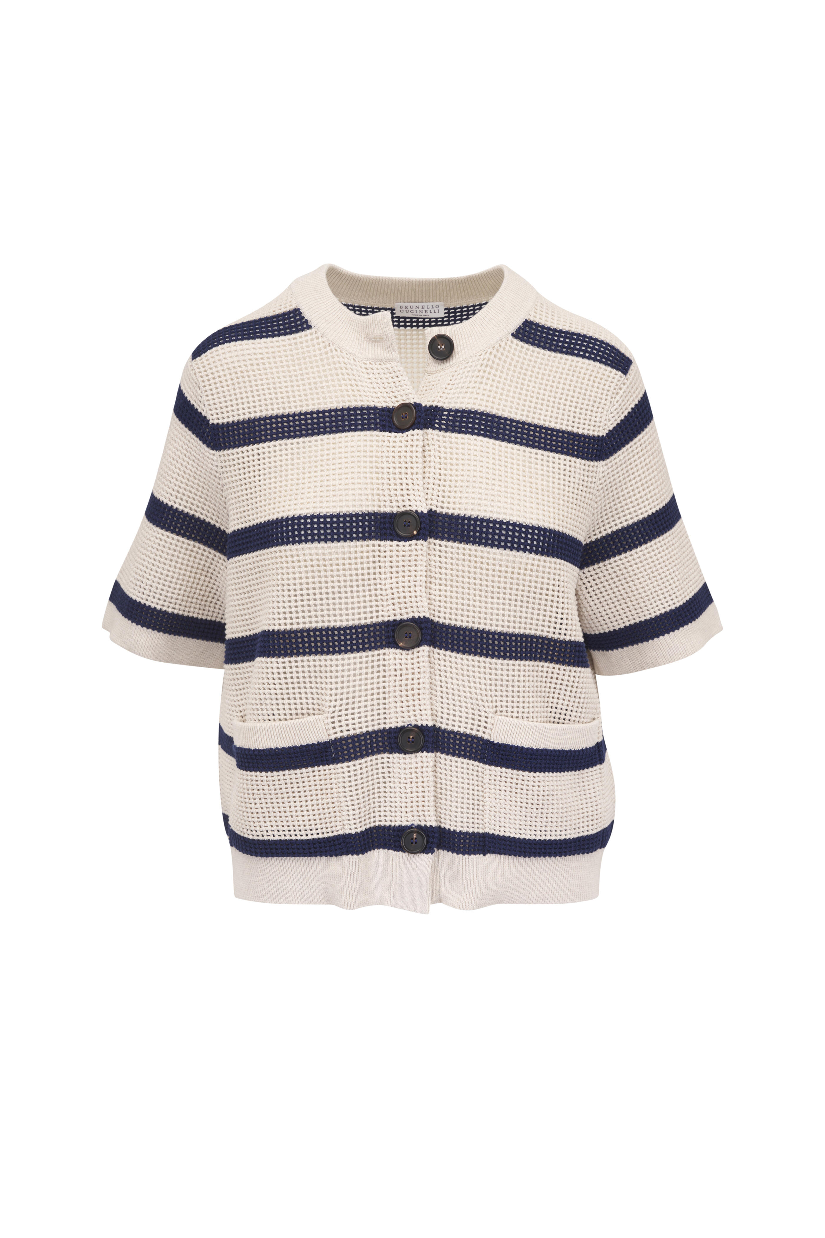 Brunello Cucinelli - Blue & White Stripe Cotton Net Cardigan
