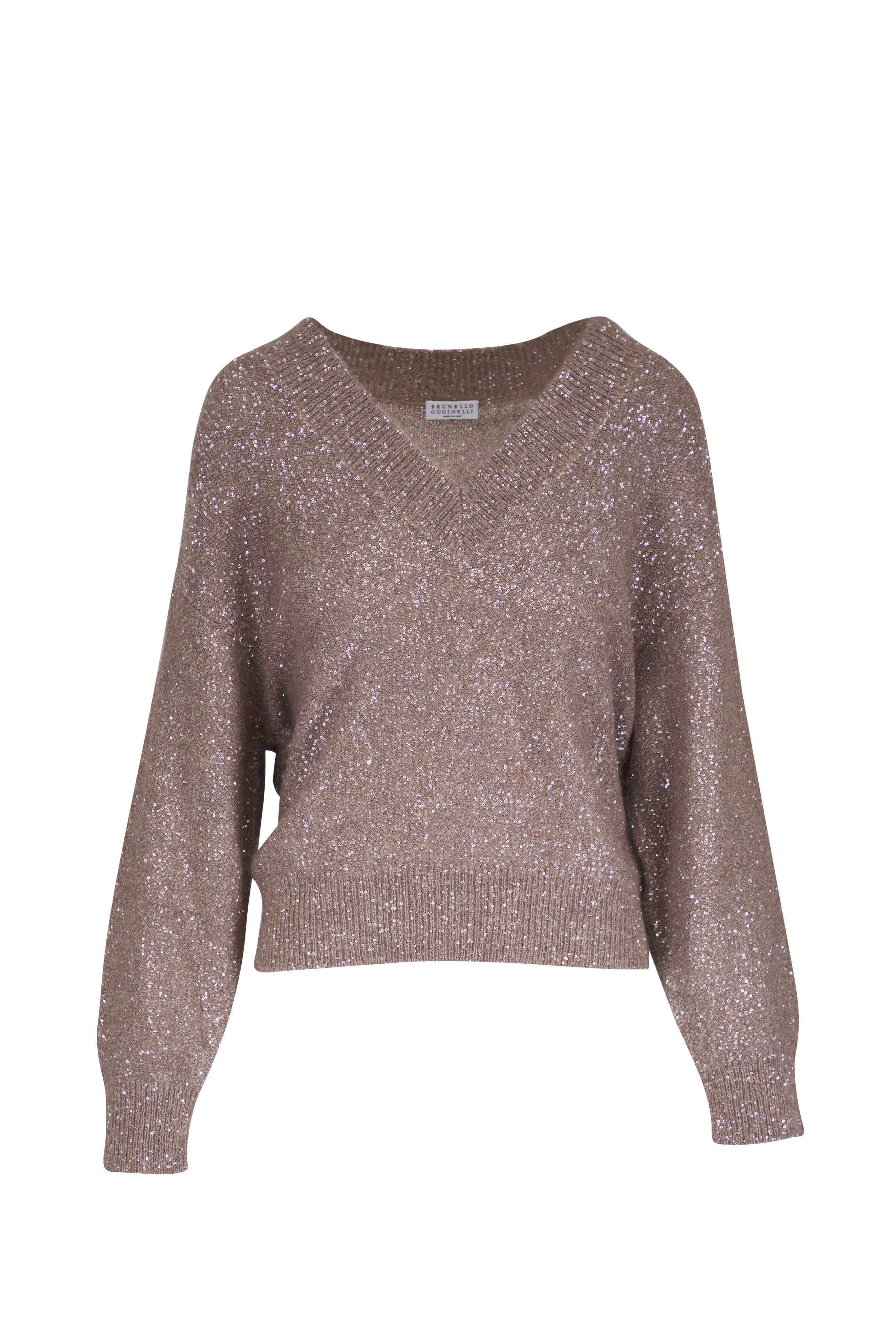 Brunello Cucinelli - Beige Paillette Embellished V-Neck Sweater