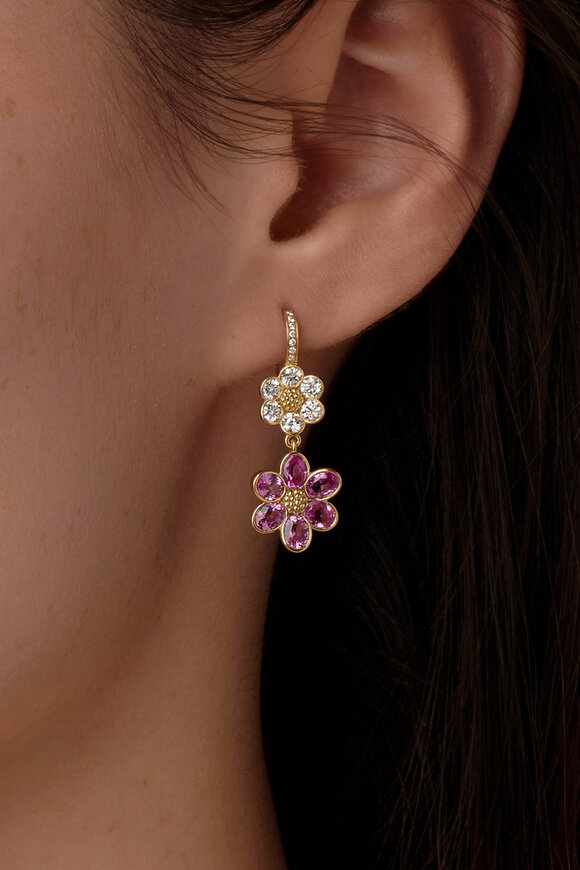 Temple St. Clair 18k Gold Diamond Pink Sapphire Fiori Drop Earrings - view 3
