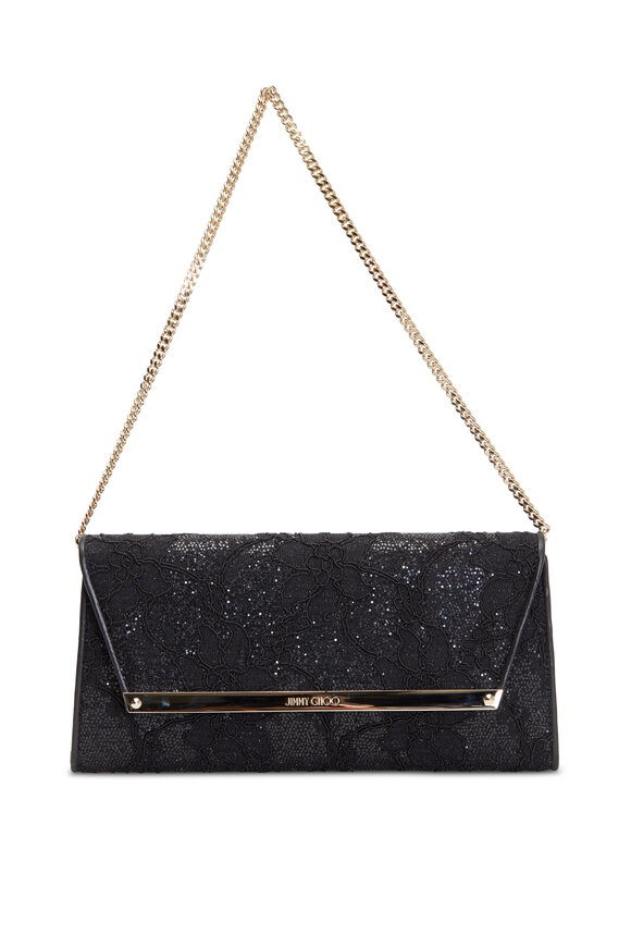 Jimmy Choo - Margot Black Leather Lace Glitter Clutch