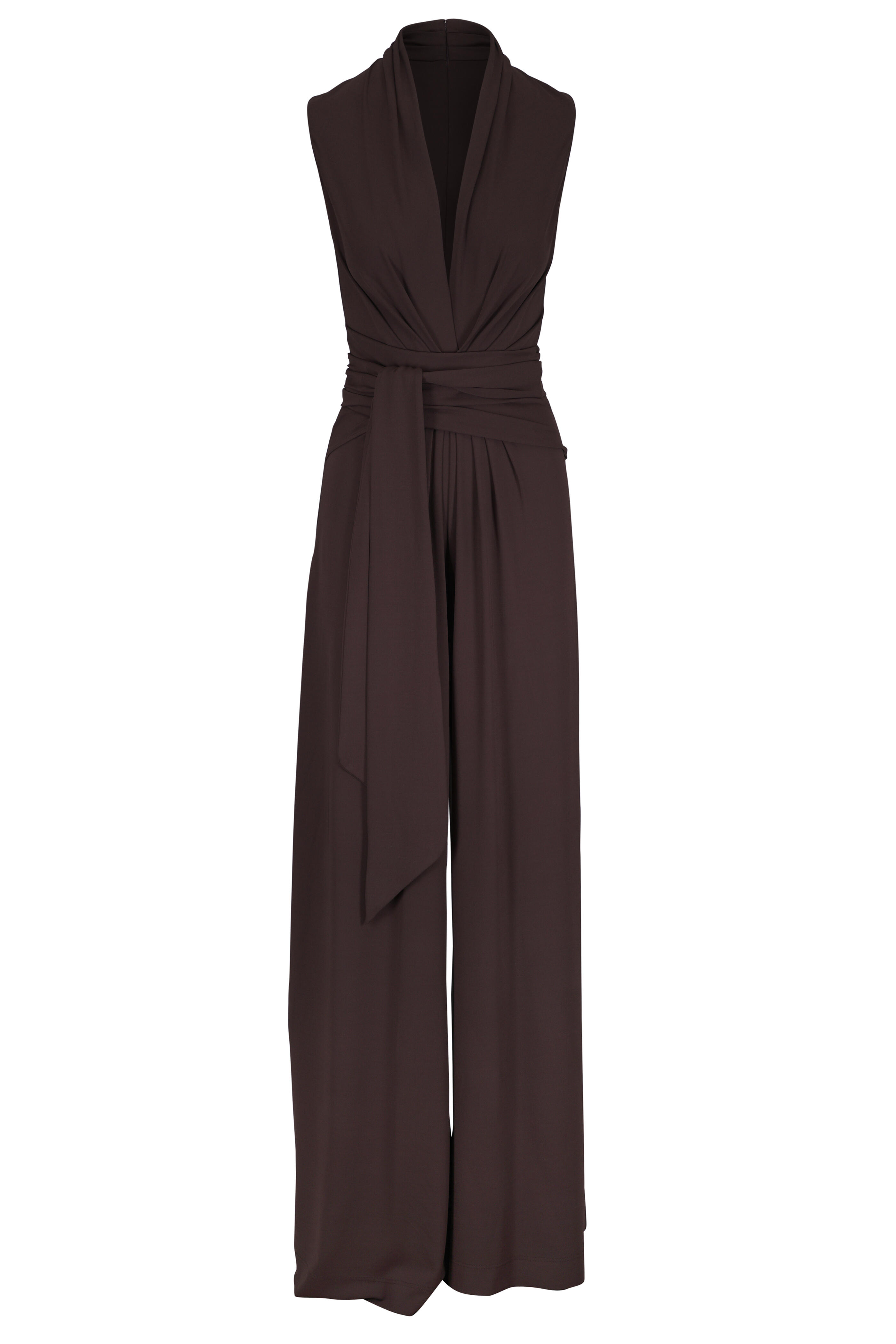 Michael Kors Collection - Tie Waist Chocolate Jersey Palazzo Jumpsuit