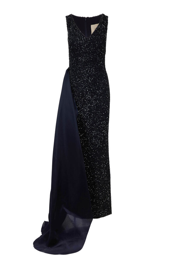 Olivine Gabbro - Navy Sequin Side-Draped Sleeveless Gown