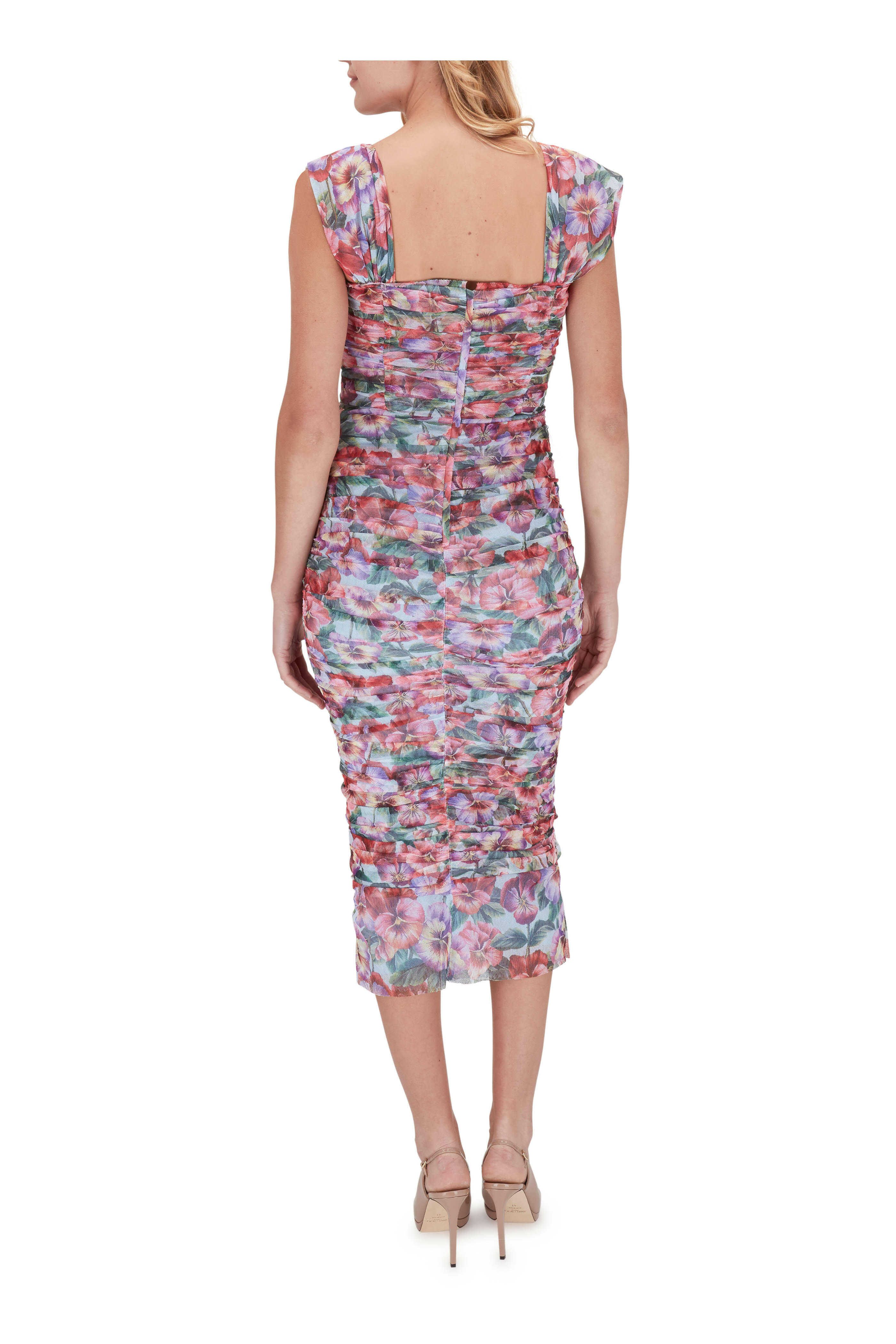 Dolce & Gabbana - Pink Pansy Ruched Tulle Midi Dress Dolce & Gabbana - Pink Pansy Ruched Tulle Midi Dress