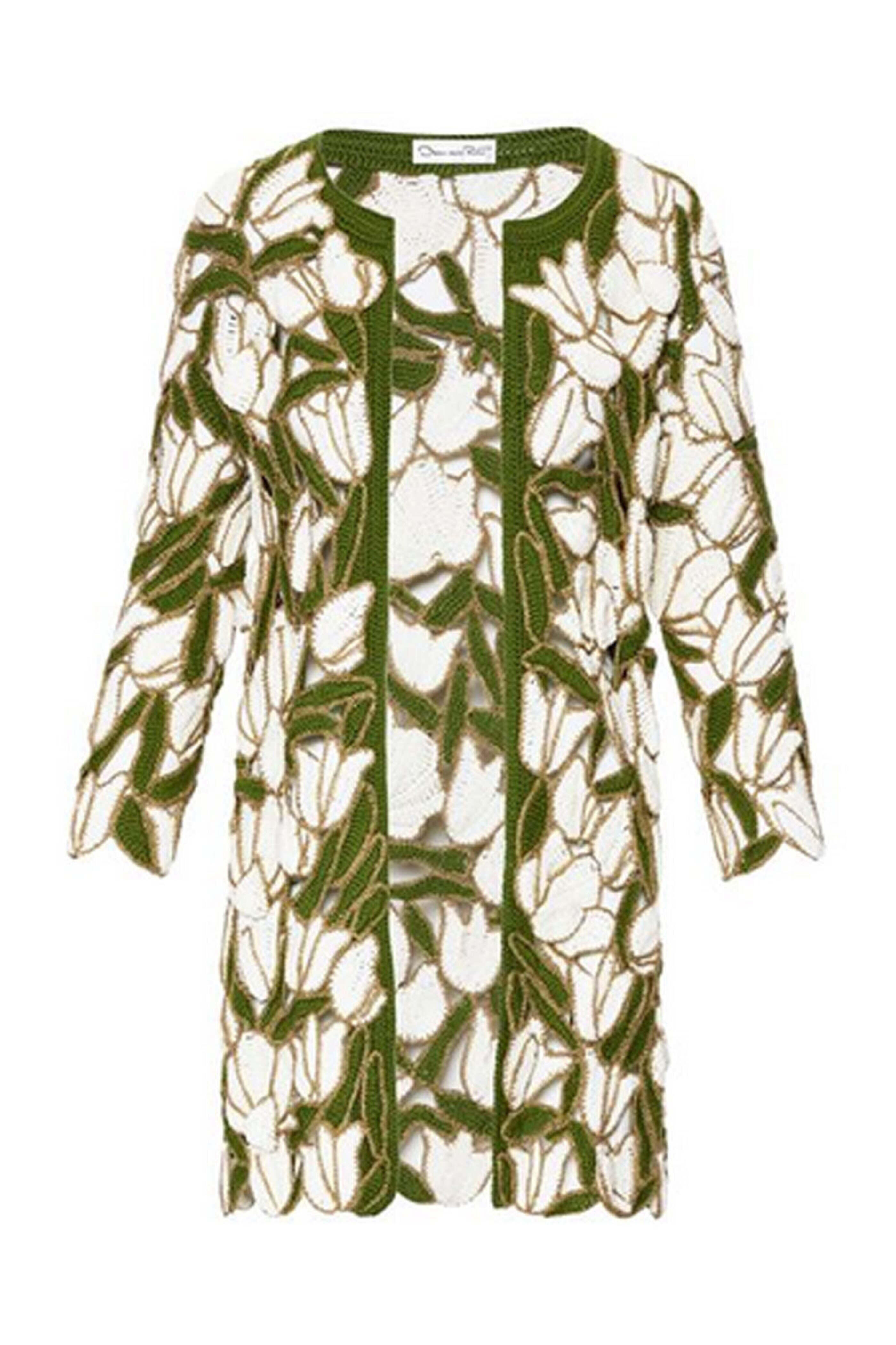 Oscar de la Renta - Ivory and Gold Tulip and Leaves Crochet Coat