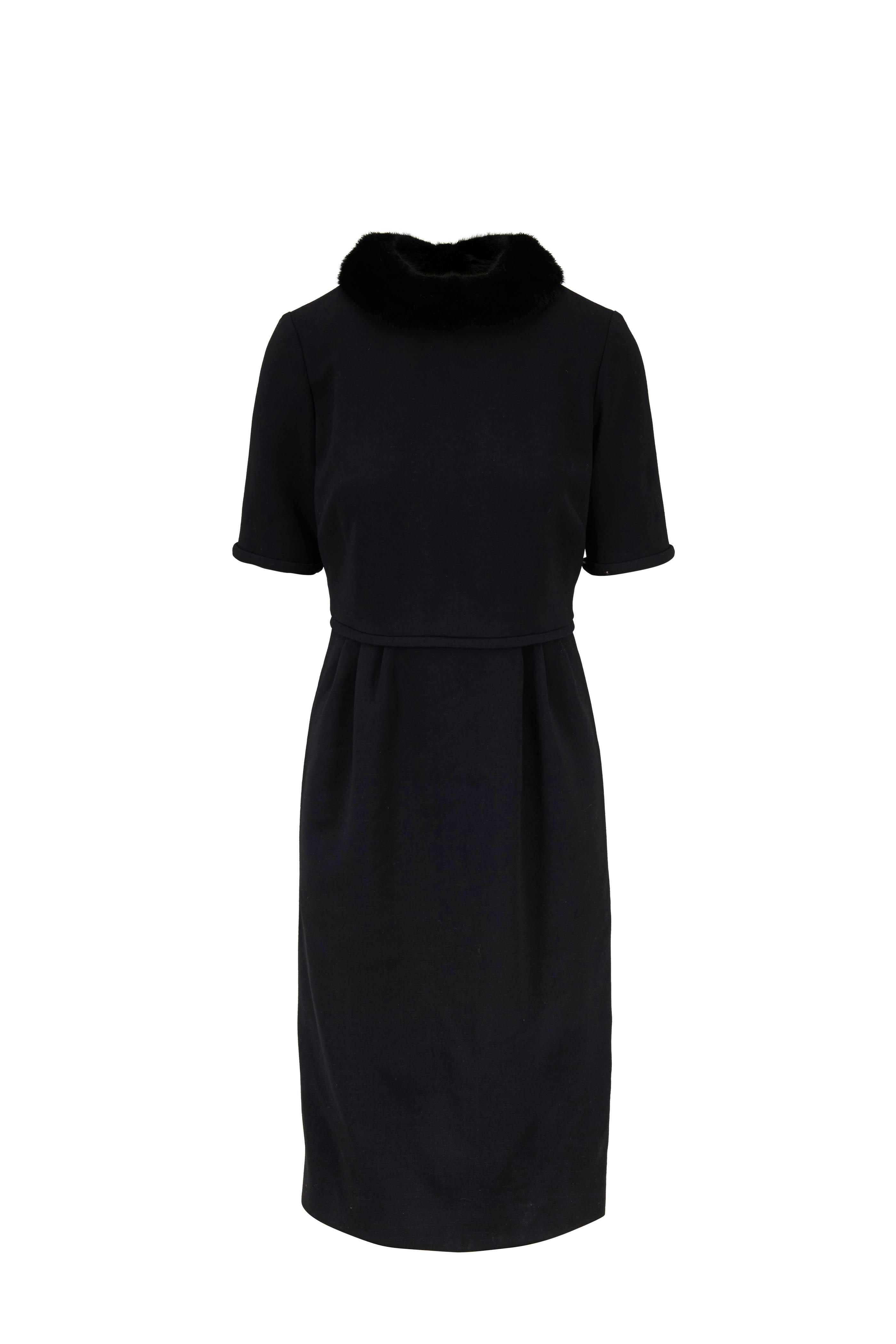 「CAROLINA HERRERA」シルクガザール ミディ丈シャツワンピース Carolina Herrera - Black Mink Collar Short Sleeve Dress