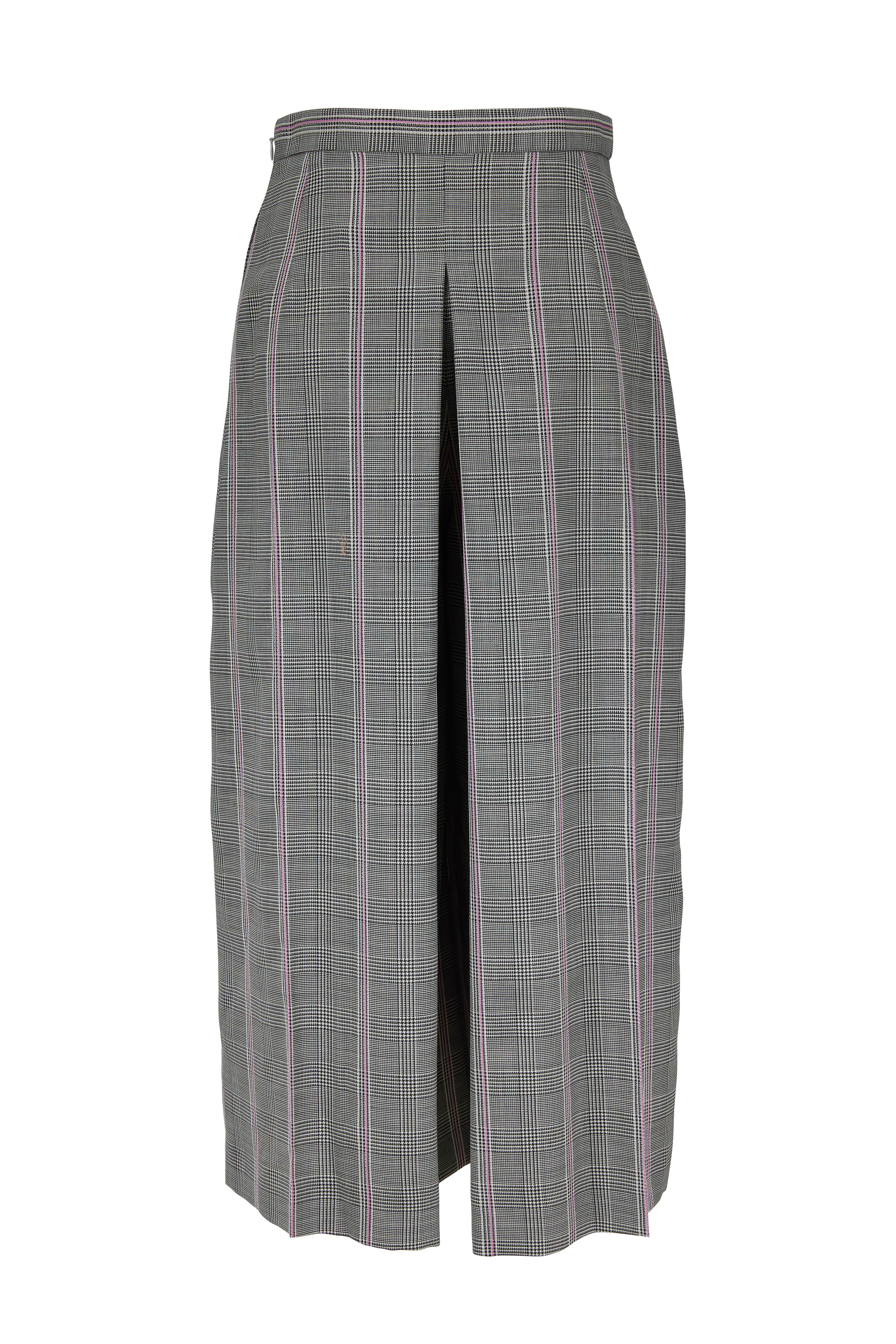 McQueen - Black, White & Pink Plaid Wool Wide Leg Crop Pant