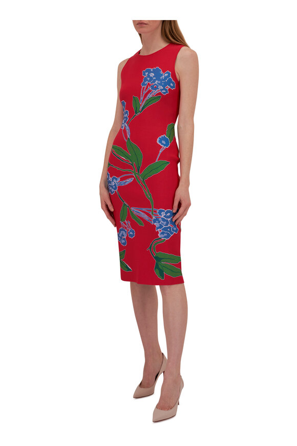 Carolina Herrera - Lacquer Red Floral Knit Midi Dress 