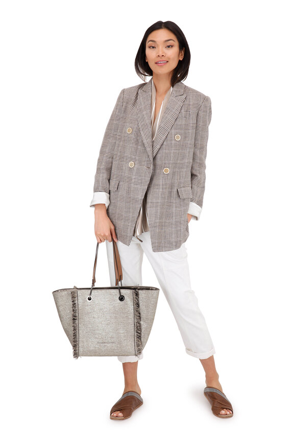 Brunello Cucinelli Platinum Metallic Woven & Leather Reversible Tote - view 6