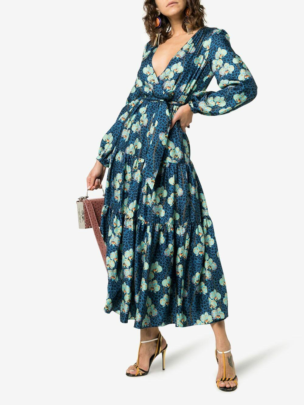 Borgo De Nor - Turquoise Silk Leopard Floral Print Maxi Dress