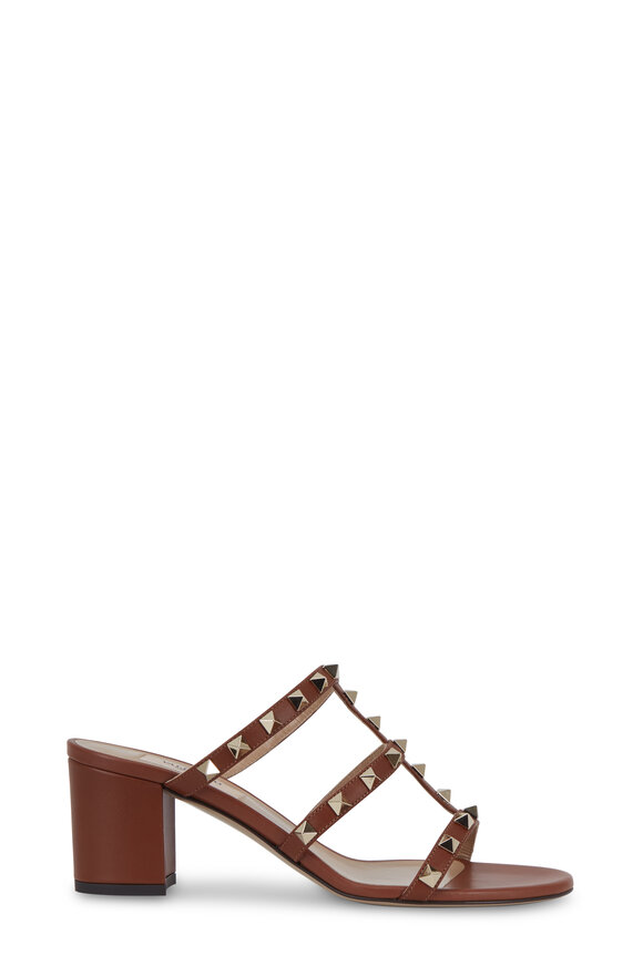 VALENTINO＞＞カウンティ60 ロックスタッド刺繍ミュール Valentino Garavani - Rockstud Cognac Leather City Mule, 60mm