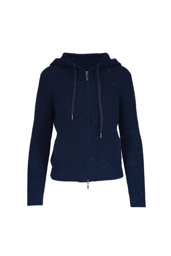 Kinross Navy Blue Sequin Thermal Zip Hoodie