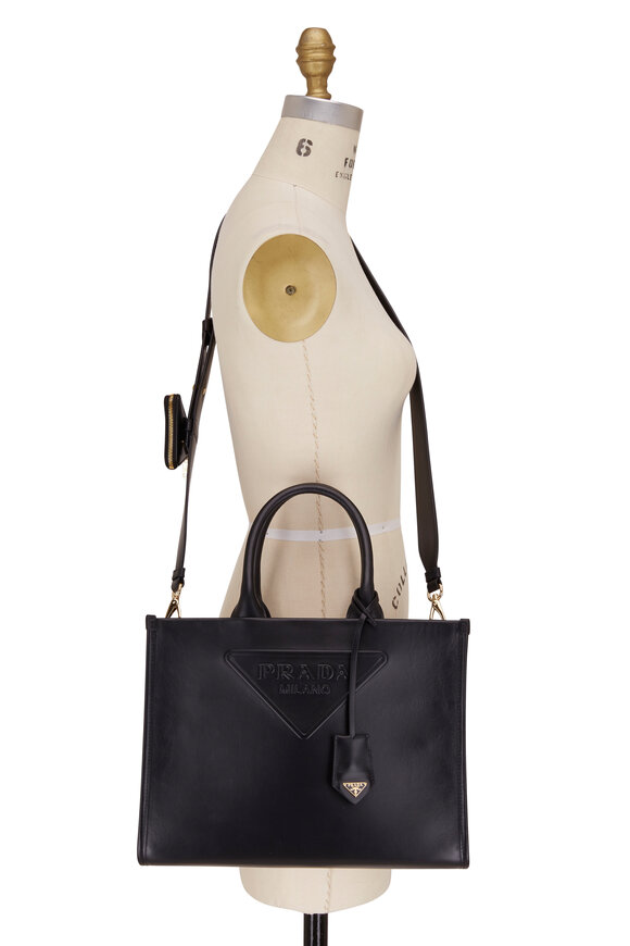 Prada - Black Leather Embossed Triangle Logo Tote