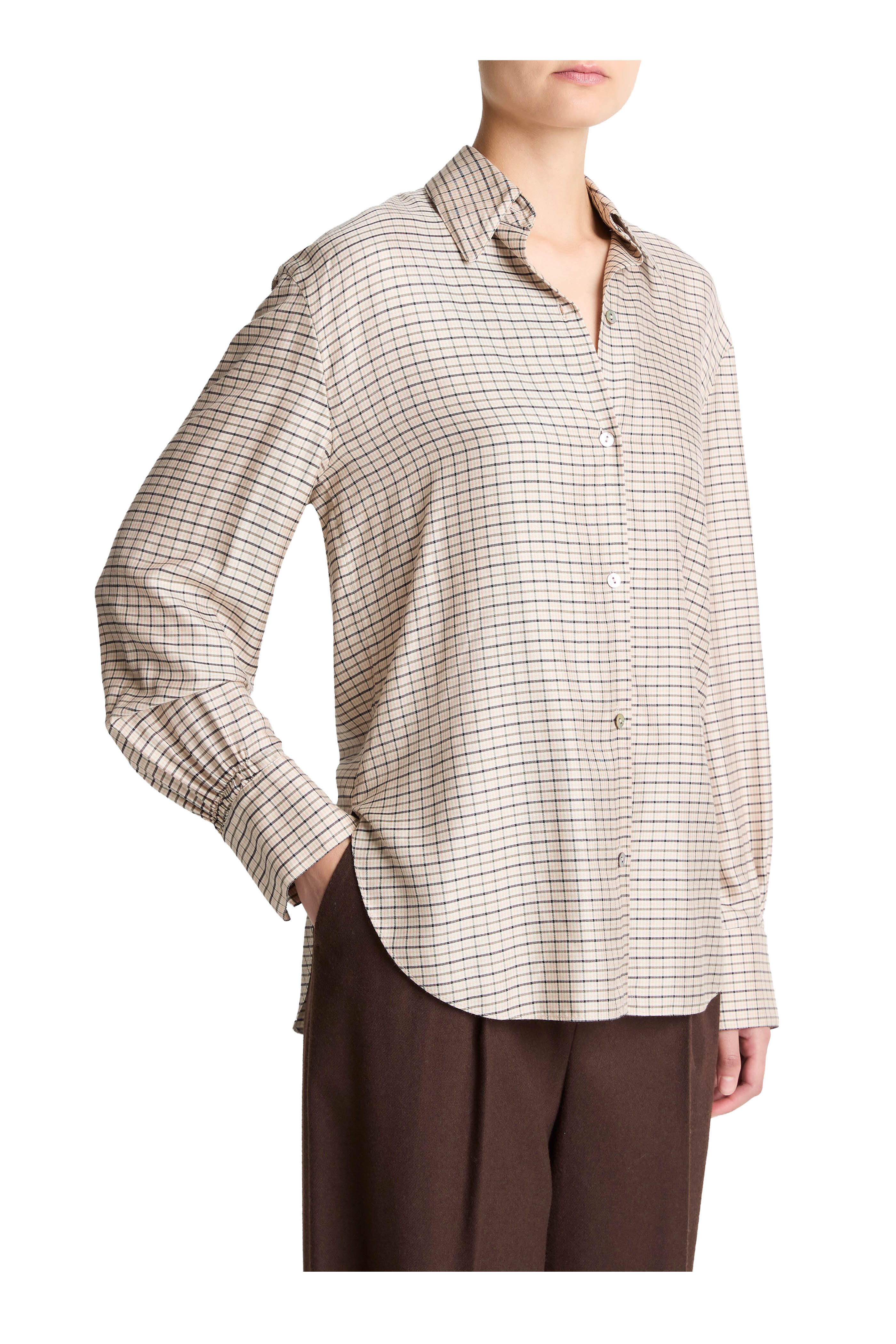 Vince - Taupe Multi Smocked Micro Check Button Down Shirt