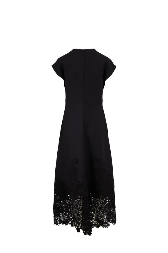 Valentino - Black Embroidered Lace Hem Cap Sleeve Dress